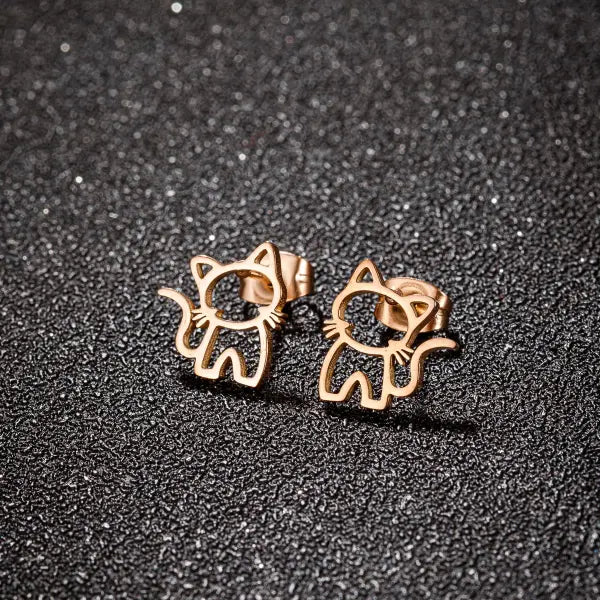 Cute Cat Stainless Steel Stud Earrings – Small Punk Ear Studs for Men & Women Trendy Fashion Gift - GED690R
