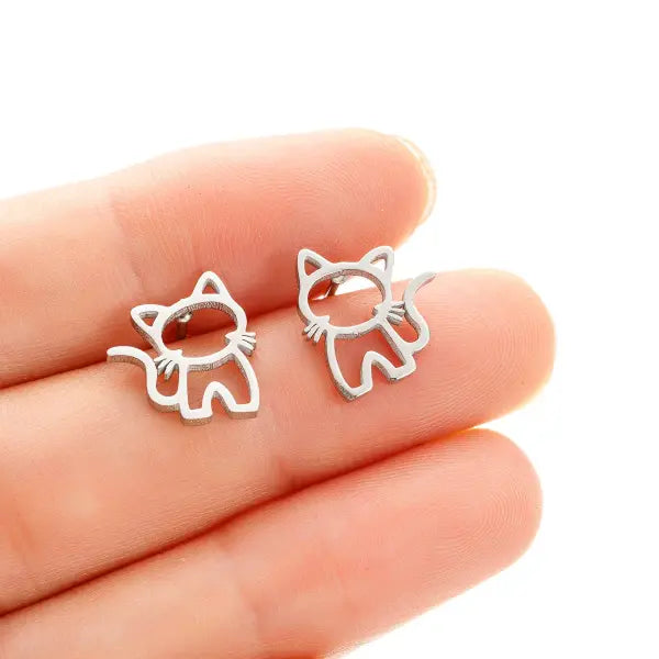 Cute Cat Stainless Steel Stud Earrings – Small Punk Ear Studs for Men & Women Trendy Fashion Gift