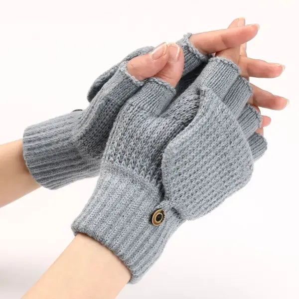 Knitted Thick Winter Gloves – Soft Fingerless Crochet Mittens Classic Solid Color Flip Cover - light grey