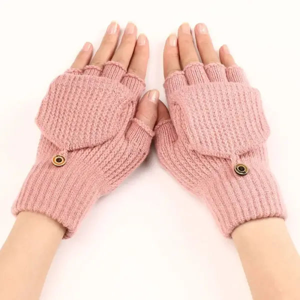 Knitted Thick Winter Gloves – Soft Fingerless Crochet Mittens Classic Solid Color Flip Cover - pink