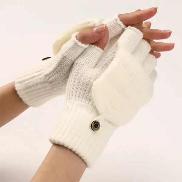 Knitted Thick Winter Gloves – Soft Fingerless Crochet Mittens Classic Solid Color Flip Cover - white