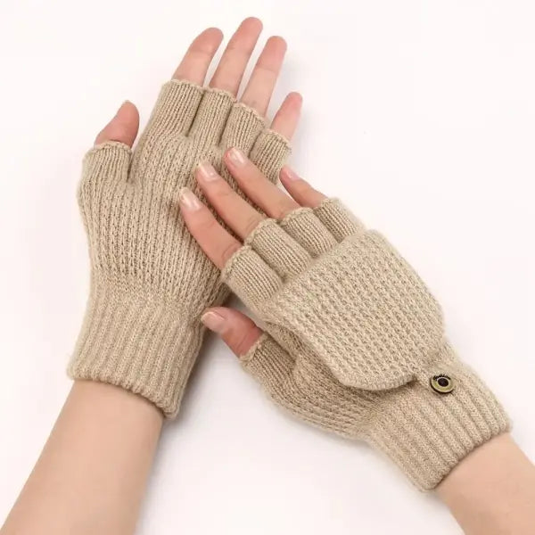 Knitted Thick Winter Gloves – Soft Fingerless Crochet Mittens Classic Solid Color Flip Cover - apricot