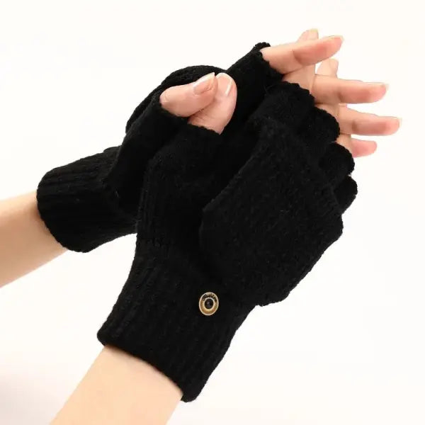 Knitted Thick Winter Gloves – Soft Fingerless Crochet Mittens Classic Solid Color Flip Cover - black