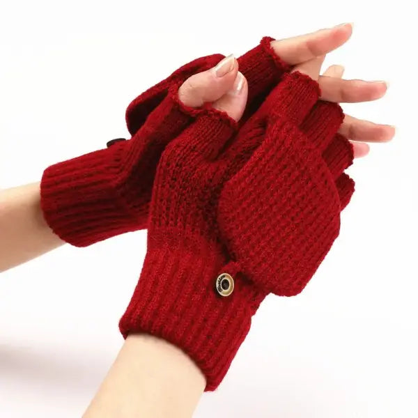 Knitted Thick Winter Gloves – Soft Fingerless Crochet Mittens Classic Solid Color Flip Cover - red