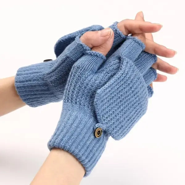 Knitted Thick Winter Gloves – Soft Fingerless Crochet Mittens Classic Solid Color Flip Cover - blue
