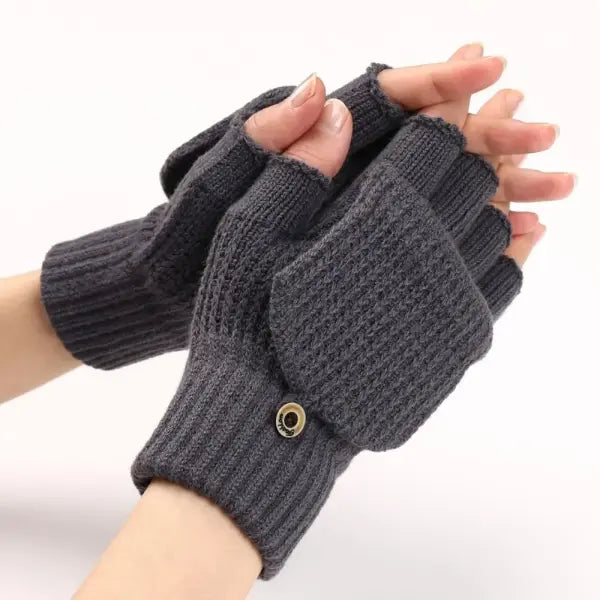 Knitted Thick Winter Gloves – Soft Fingerless Crochet Mittens Classic Solid Color Flip Cover - dark grey