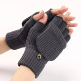 Knitted Thick Winter Gloves – Soft Fingerless Crochet Mittens Classic Solid Color Flip Cover - dark grey
