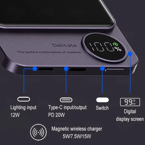 10,000mAh Magnetic Power Bank – Alloy Magsafe Wireless Fast Charger for iPhone 16/15/14/13/12