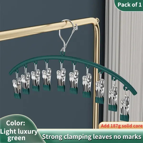 10/20 Pegs Stainless Steel Clothes Drying Hanger Windproof Metal Laundry Rack for Socks & Delicates - Light luxury green