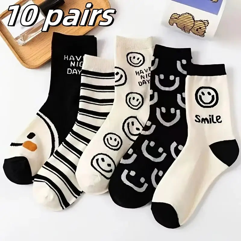 10 Pairs Women Cartoon Patterned Socks Trendy And Fashionable Versatile Socks Lightweight Breathable Comfortable Casual