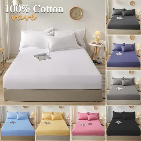 100% Cotton Fitted Bed Sheet - Solid Color Anti-Slip Adjustable Mattress Cover