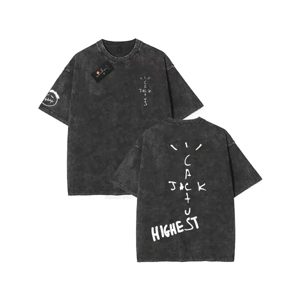 100% Cotton Oversized Hip-Hop T-Shirt – Washed Cactus Jack Short Sleeve Graphic Tee for Men & Women - K34 / L