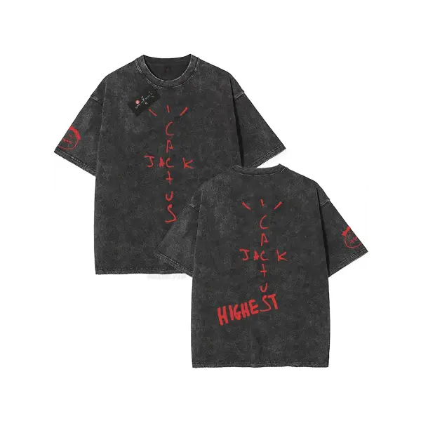 100% Cotton Oversized Hip-Hop T-Shirt – Washed Cactus Jack Short Sleeve Graphic Tee for Men & Women - K39 / M