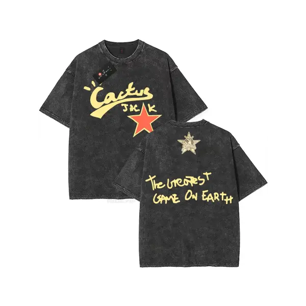 100% Cotton Oversized Hip-Hop T-Shirt – Washed Cactus Jack Short Sleeve Graphic Tee for Men & Women - K5 / M