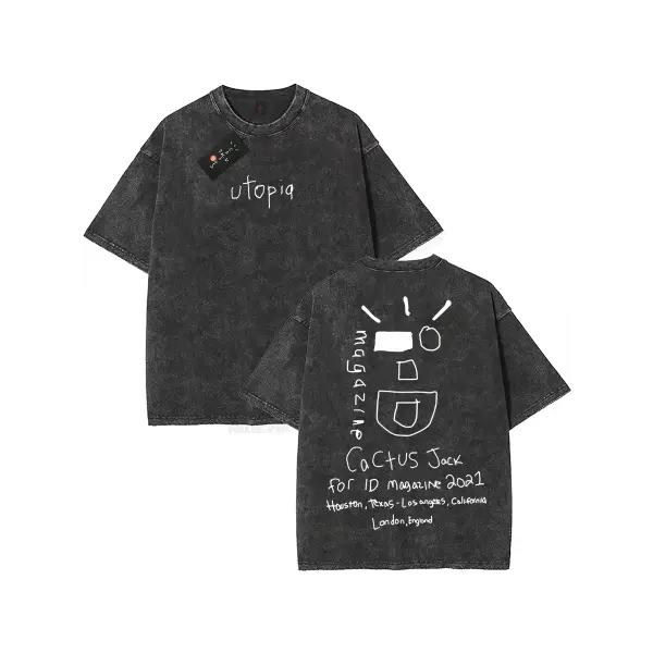 100% Cotton Oversized Hip-Hop T-Shirt – Washed Cactus Jack Short Sleeve Graphic Tee for Men & Women - K17 / M