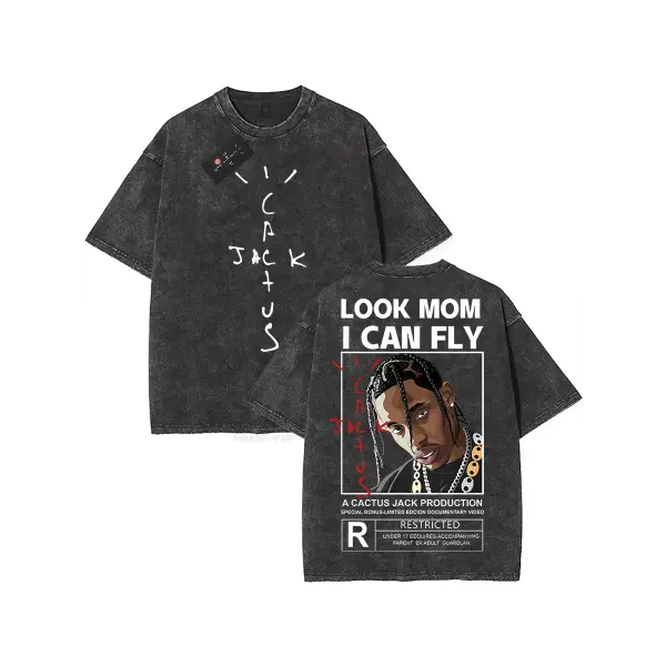 100% Cotton Oversized Hip-Hop T-Shirt – Washed Cactus Jack Short Sleeve Graphic Tee for Men & Women - K14 / S