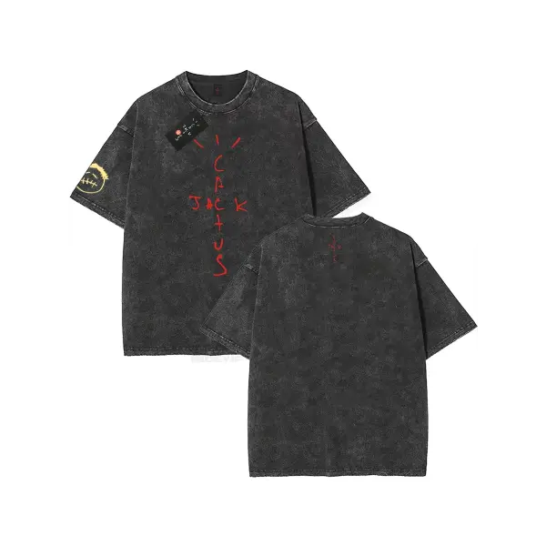 100% Cotton Oversized Hip-Hop T-Shirt – Washed Cactus Jack Short Sleeve Graphic Tee for Men & Women - K4 / S