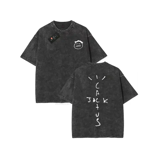 100% Cotton Oversized Hip-Hop T-Shirt – Washed Cactus Jack Short Sleeve Graphic Tee for Men & Women - K26 / M