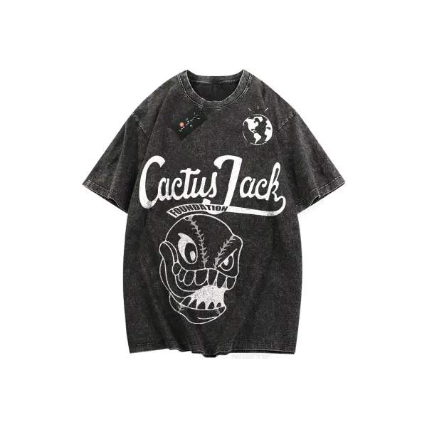 100% Cotton Oversized Hip-Hop T-Shirt – Washed Cactus Jack Short Sleeve Graphic Tee for Men & Women - K10 / S