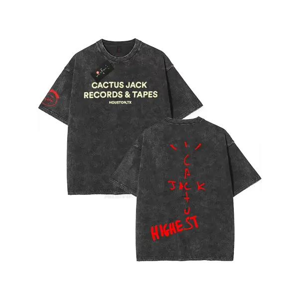 100% Cotton Oversized Hip-Hop T-Shirt – Washed Cactus Jack Short Sleeve Graphic Tee for Men & Women - K6 / L