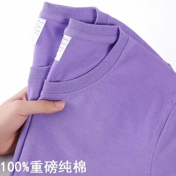 100% Cotton Unisex Short Sleeve T-Shirt – Solid O-Neck Summer Top Korean Loose Fit M–4XL - purple / 4XL 90-100kg