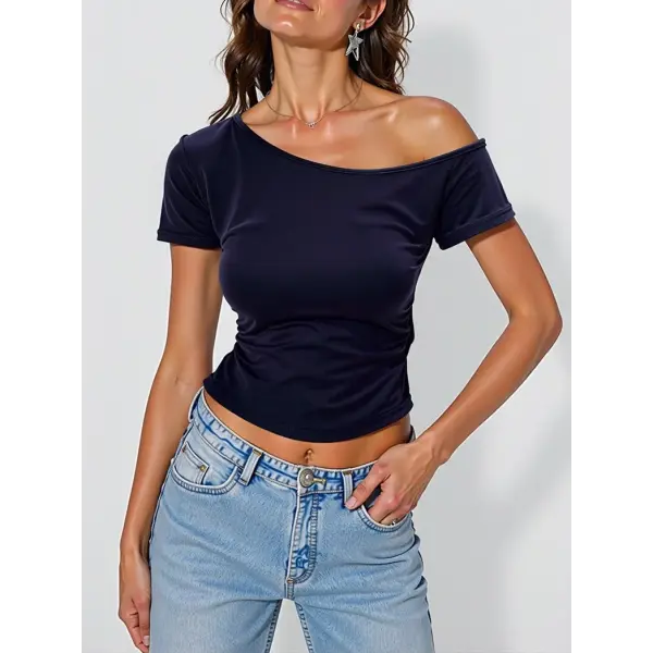 100% Ribbed Cotton Women’s Off-Shoulder Top – Slim Fit Short Sleeve Summer T-Shirt Sexy Basic Korean Chic Tee