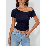 100% Ribbed Cotton Women’s Off-Shoulder Top – Slim Fit Short Sleeve Summer T-Shirt Sexy Basic Korean Chic Tee