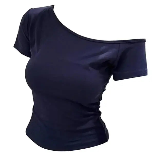 100% Ribbed Cotton Women’s Off-Shoulder Top – Slim Fit Short Sleeve Summer T-Shirt Sexy Basic Korean Chic Tee - Navy