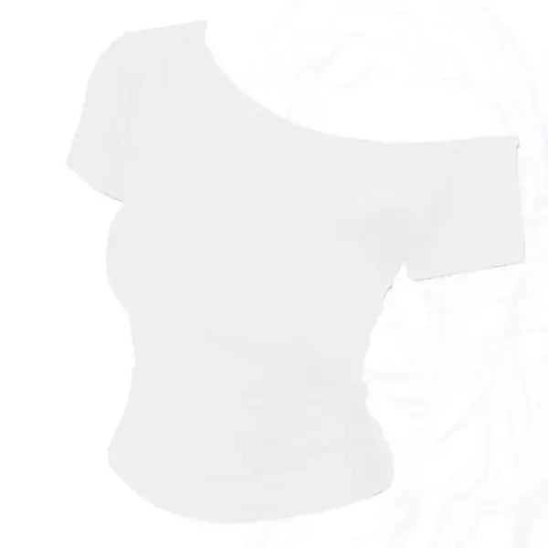 100% Ribbed Cotton Women’s Off-Shoulder Top – Slim Fit Short Sleeve Summer T-Shirt Sexy Basic Korean Chic Tee - WHITE