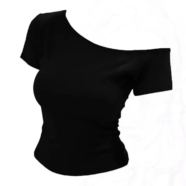 100% Ribbed Cotton Women’s Off-Shoulder Top – Slim Fit Short Sleeve Summer T-Shirt Sexy Basic Korean Chic Tee - black