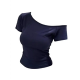 100% Ribbed Cotton Women’s Off-Shoulder Top – Slim Fit Short Sleeve Summer T-Shirt Sexy Basic Korean Chic Tee