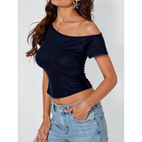 100% Ribbed Cotton Women’s Off-Shoulder Top – Slim Fit Short Sleeve Summer T-Shirt Sexy Basic Korean Chic Tee