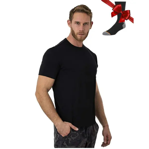 100% Superfine Merino Wool Men’s Base Layer T-Shirt – Breathable Quick-Dry Anti-Odor + Merino Wool Socks - Black / USA