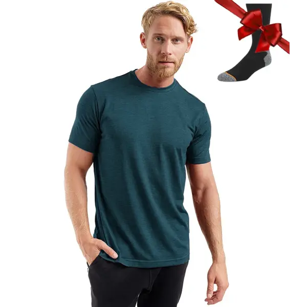 100% Superfine Merino Wool Men’s Base Layer T-Shirt – Breathable Quick-Dry Anti-Odor + Merino Wool Socks - Dk Blue Htr