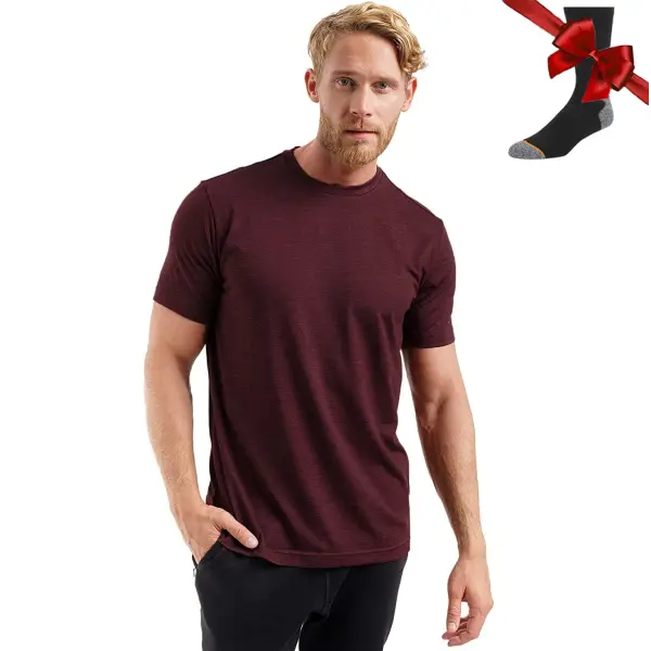 100% Superfine Merino Wool Men’s Base Layer T-Shirt – Breathable Quick-Dry Anti-Odor + Merino Wool Socks - Dk Wine Red
