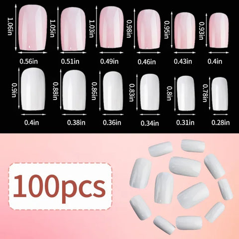 100pcs Light Pink Press-On Nails – Short/Medium Square Full Cover Fake Nail Tips in 10 Sizes for Finger