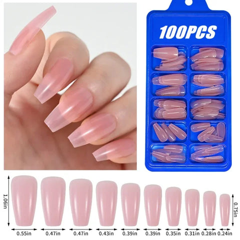 100pcs Light Pink Press-On Nails – Short/Medium Square Full Cover Fake Nail Tips in 10 Sizes for Finger - TD170-1