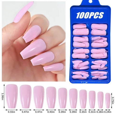 100pcs Light Pink Press-On Nails – Short/Medium Square Full Cover Fake Nail Tips in 10 Sizes for Finger - TD170-9