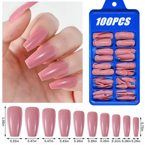 100pcs Light Pink Press-On Nails – Short/Medium Square Full Cover Fake Nail Tips in 10 Sizes for Finger - TD170-5