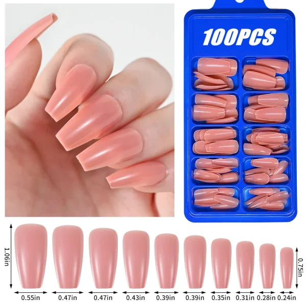 100pcs Light Pink Press-On Nails – Short/Medium Square Full Cover Fake Nail Tips in 10 Sizes for Finger - TD170-4