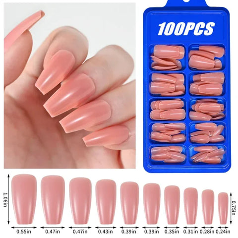 100pcs Light Pink Press-On Nails – Short/Medium Square Full Cover Fake Nail Tips in 10 Sizes for Finger - TD170-4