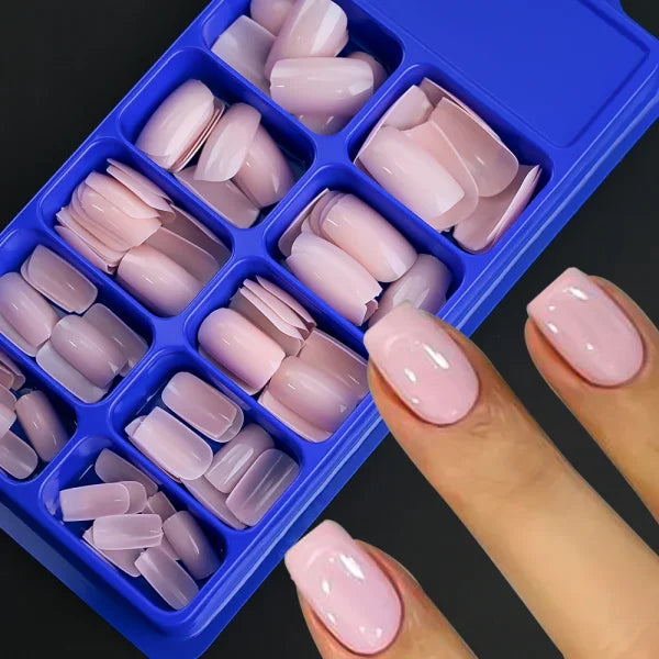 100pcs Light Pink Press-On Nails – Short/Medium Square Full Cover Fake Nail Tips in 10 Sizes for Finger