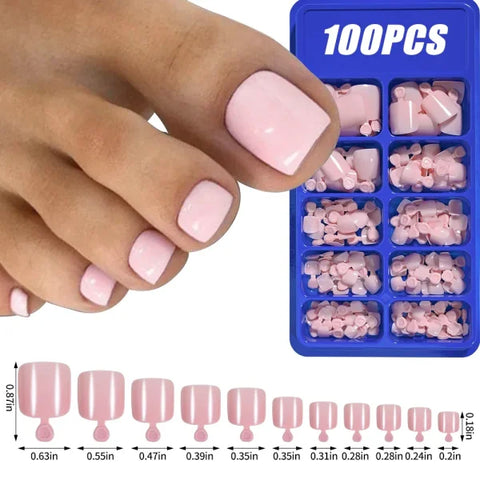 100pcs Light Pink Press-On Nails – Short/Medium Square Full Cover Fake Nail Tips in 10 Sizes for Finger - TD171-3