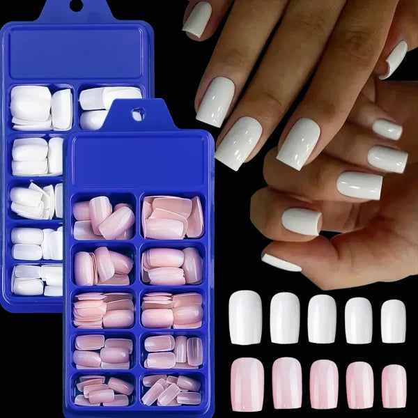 100pcs Light Pink Press-On Nails – Short/Medium Square Full Cover Fake Nail Tips in 10 Sizes for Finger