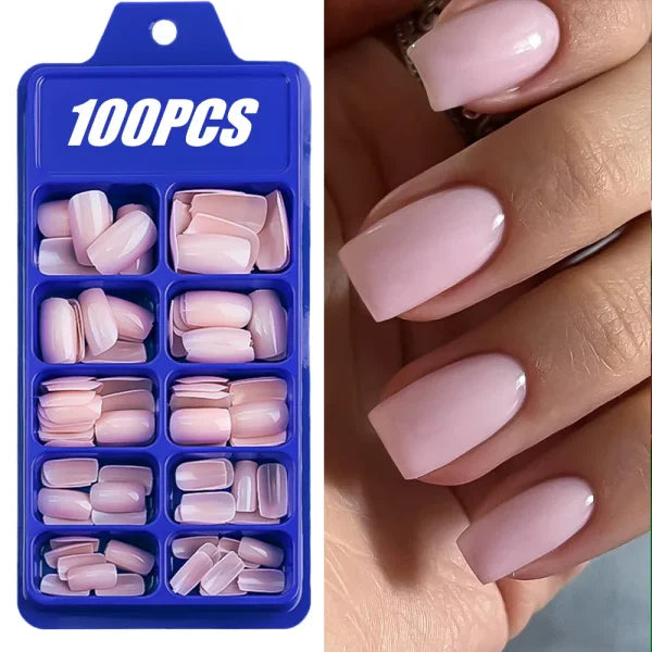 100pcs Light Pink Press-On Nails – Short/Medium Square Full Cover Fake Nail Tips in 10 Sizes for Finger - TD193-2