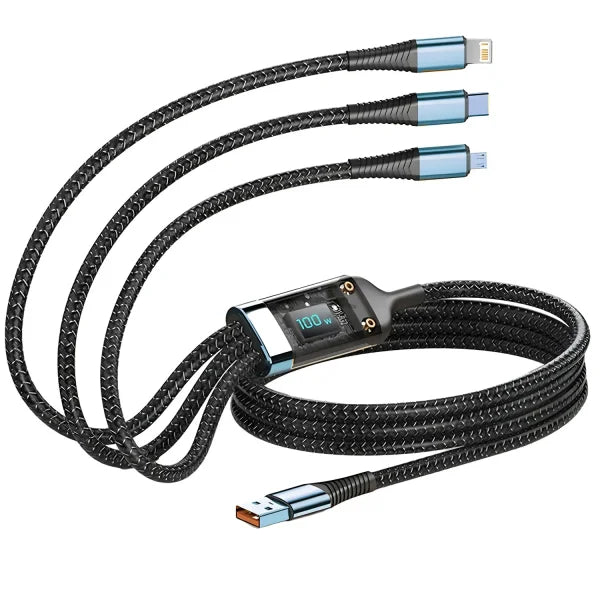 100W Fast Charging 3-in-1 Cable – Nylon Braided Multi USB Charger Cord with Type-C & Micro USB Adapters - black / 1.2m