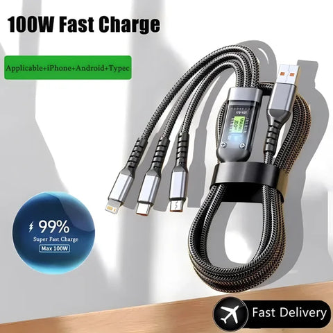 100W Fast Charging 3-in-1 Cable – Nylon Braided Multi USB Charger Cord with Type-C & Micro USB Adapters - black / 1.2m