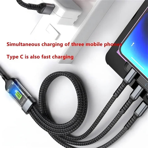100W Fast Charging 3-in-1 Cable – Nylon Braided Multi USB Charger Cord with Type-C & Micro USB Adapters - black / 1.2m