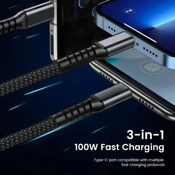100W Fast Charging 3-in-1 Cable – Nylon Braided Multi USB Charger Cord with Type-C & Micro USB Adapters - black / 1.2m