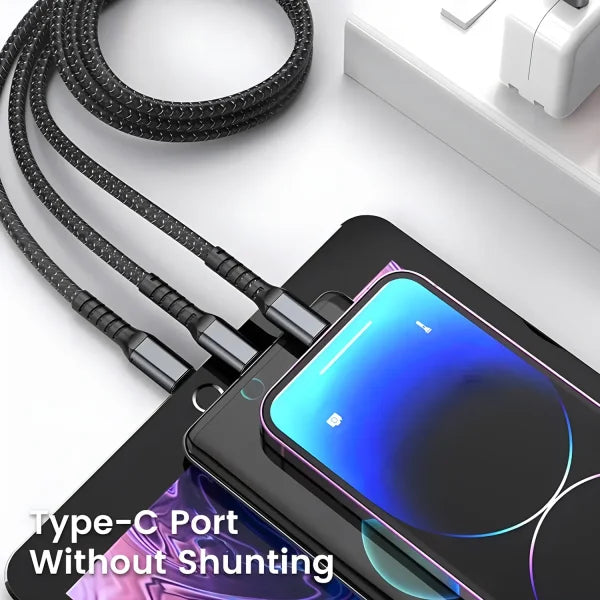 100W Fast Charging 3-in-1 Cable – Nylon Braided Multi USB Charger Cord with Type-C & Micro USB Adapters - black / 1.2m